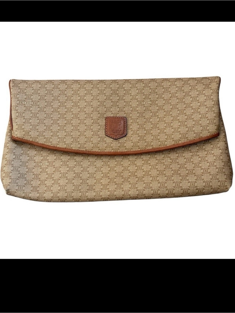 Celine Beige Macadam Cavas Fold over Clutch with Brown Trim Vintage